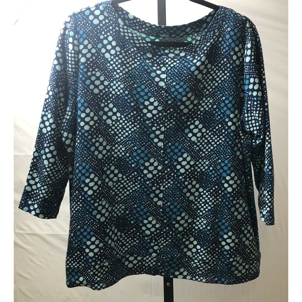 Kim Rogers Blouse Women XL Blue Dot Print 100% Cotton 3/4 Sleeves Tunic Stretch